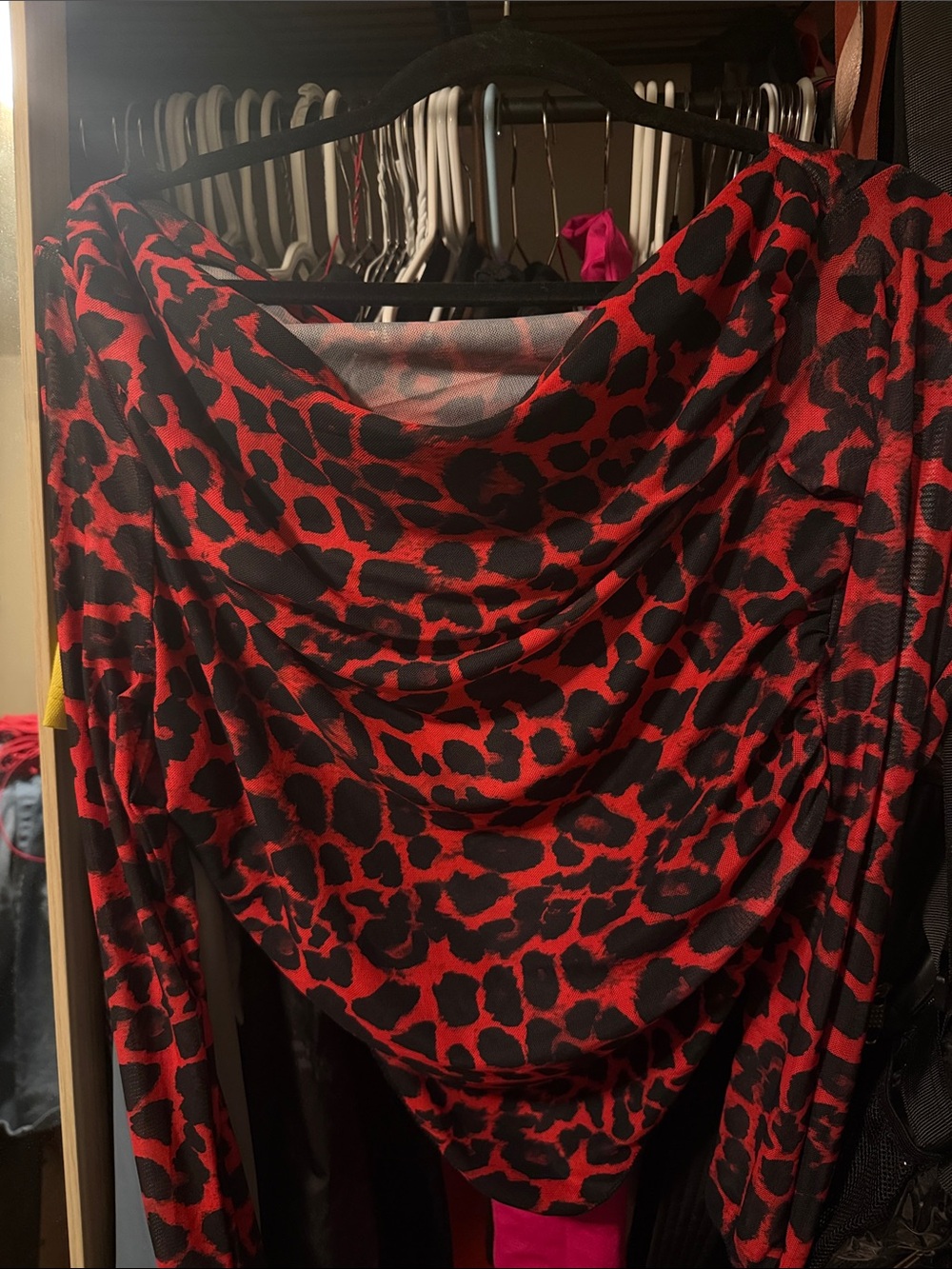 Red and Black Leopard Print Draped Top